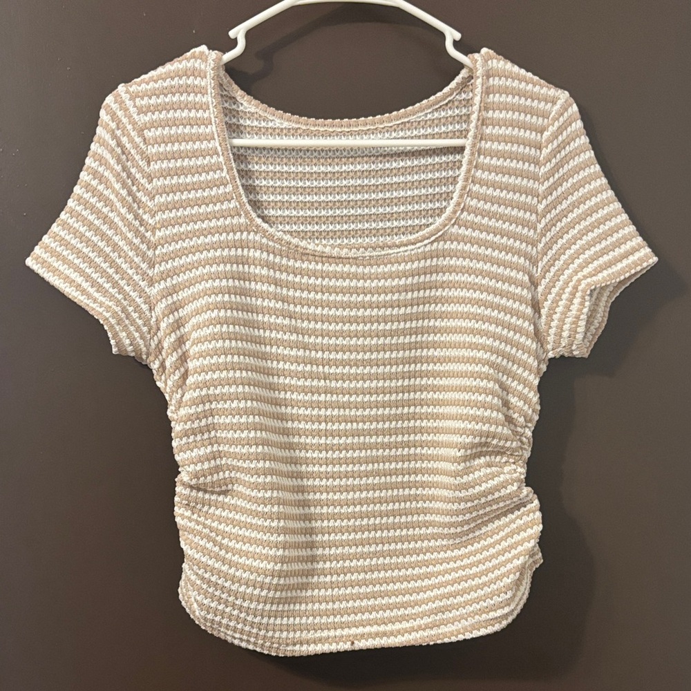 Neutral Striped Short Sleeve Knit Tee – Sheer Lightweight